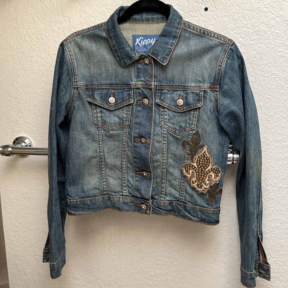 Kippys Crystal Embellished Fleur de Lis Denim Jacket, Blue & Brown, size Small